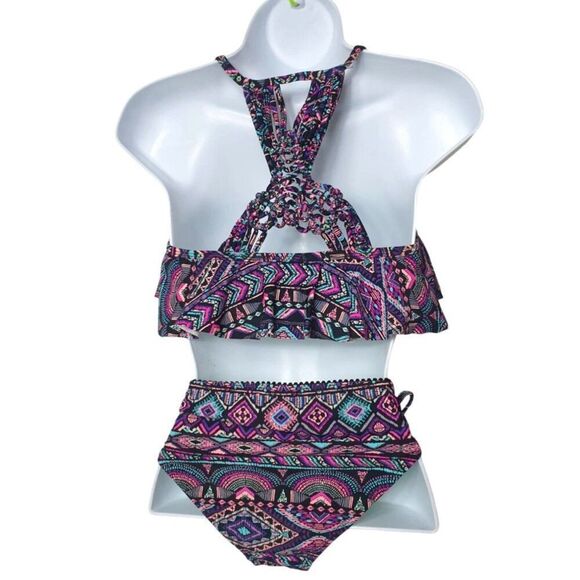 Womens Bikini S/M Aztec Print Ruffled Strappy Back High Waist Bottoms Two-Piece - Picture 2 of 3